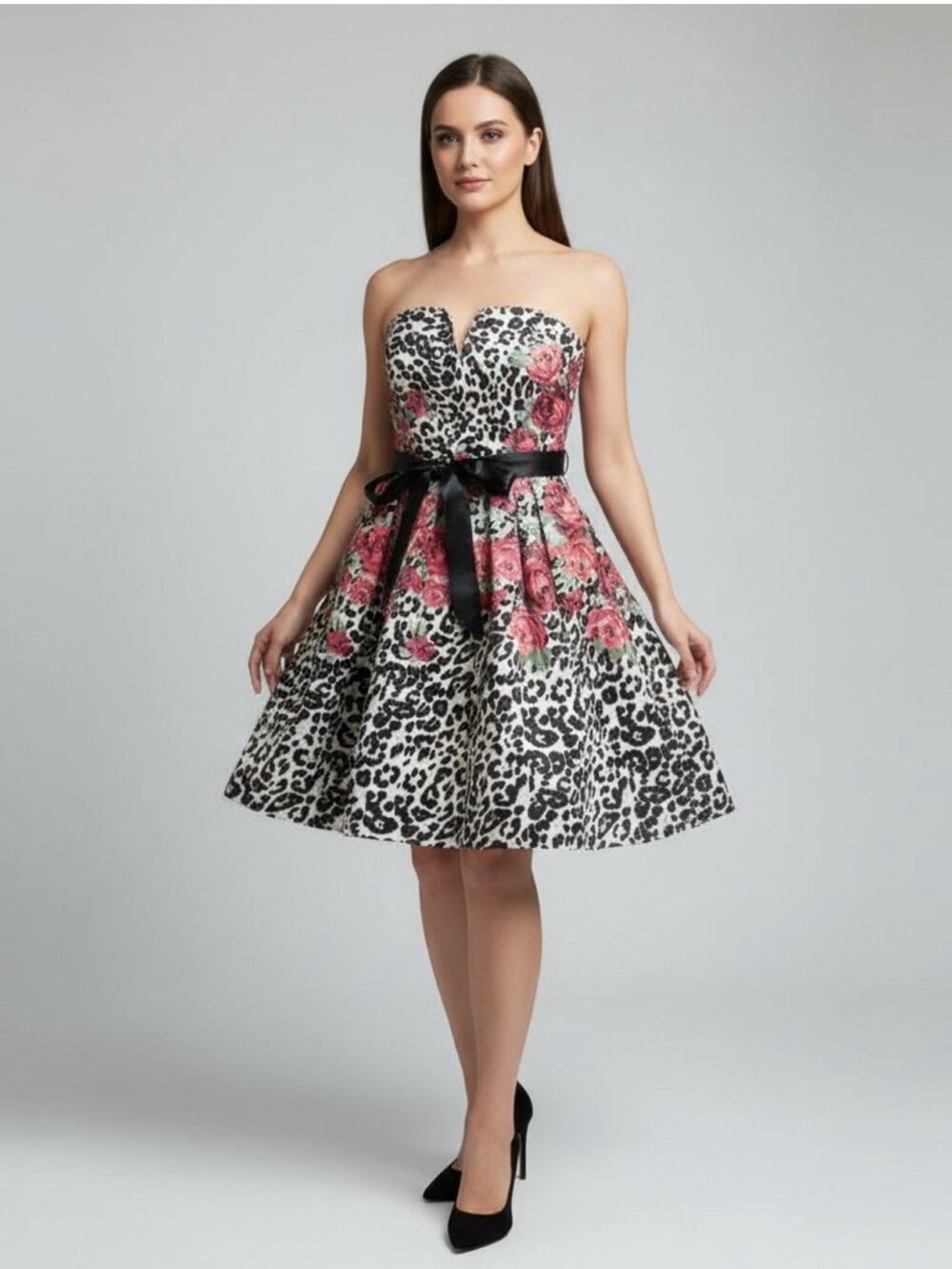 Strapless Leopard Print Dress with Pink Rose Accents